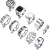 10 Pcs Men's Stainless Steel Vintage Signet Ring Square Pinky Thumb Chunky Thin Band Ring Vintage Biker Band Rings Set 7-13