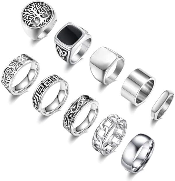 10 Pcs Men's Stainless Steel Vintage Signet Ring Square Pinky Thumb Chunky Thin Band Ring Vintage Biker Band Rings Set 7-13