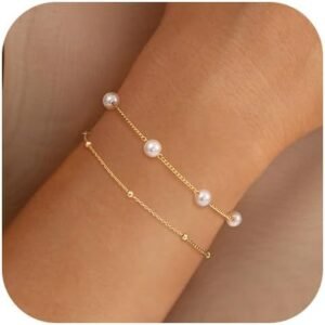 41v-NLXRMIL._AC_SL1500 14k Gold Plated Pearl Bracelets for Women,Dainty Bracelets Stack Pearls Beaded Link Chain Charm Bracelets Set Layered Non Tarnish Tiny Jewelry for Women