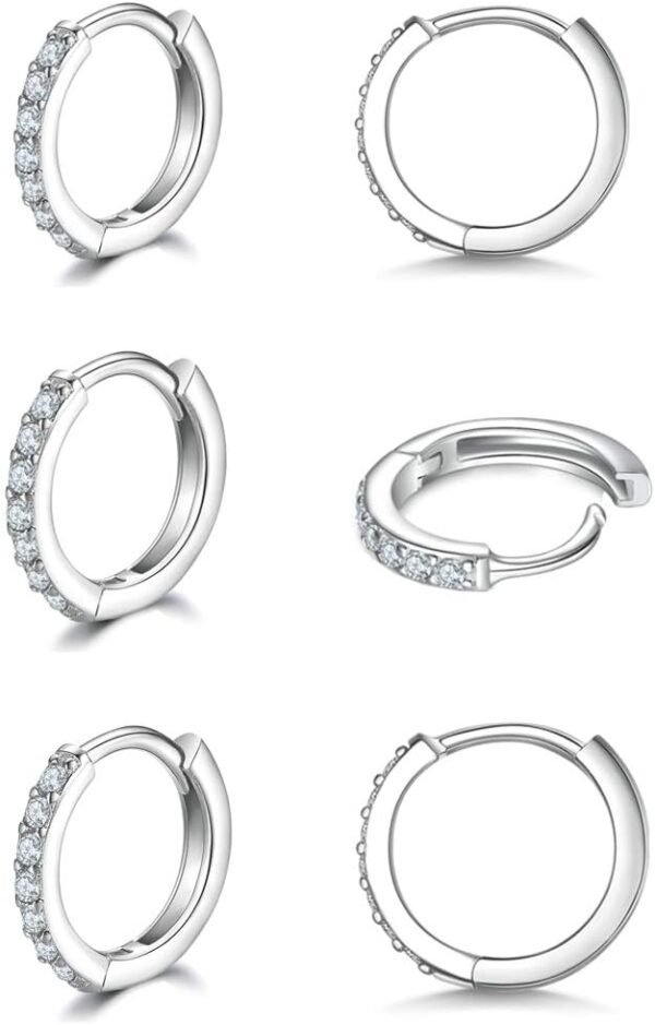 925 Sterling Silver Small Hoop Earrings Cubic Zirconia Huggie Hoop Earrings, 3 Pairs 14K White Gold Plated Cartilage Piercing Earrings Ear Cuff Tiny Hoop Earrings for Women Men