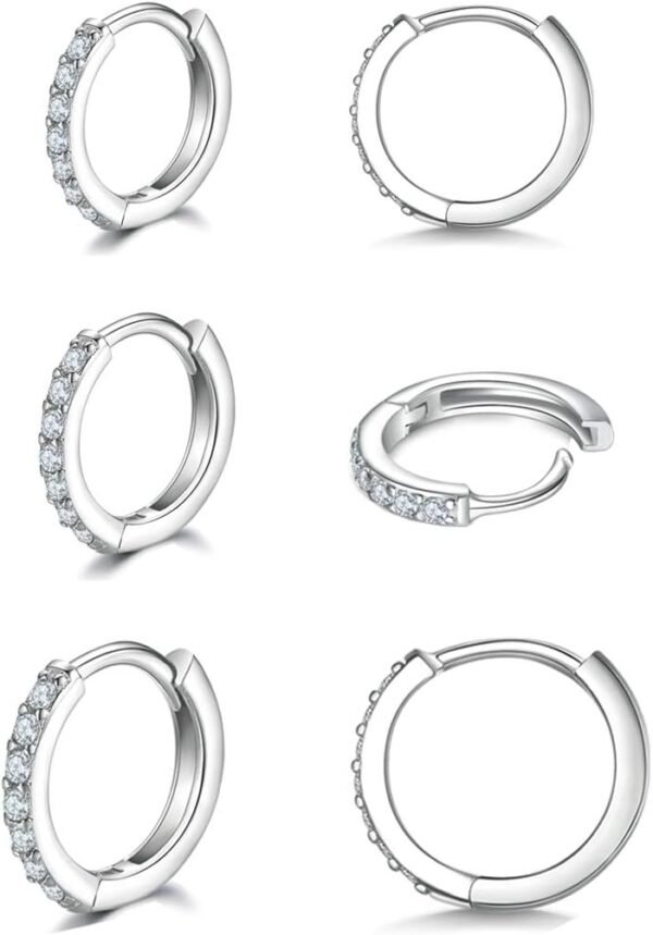 925 Sterling Silver Small Hoop Earrings Cubic Zirconia Huggie Hoop Earrings, 3 Pairs 14K White Gold Plated Cartilage Piercing Earrings Ear Cuff Tiny Hoop Earrings for Women Men