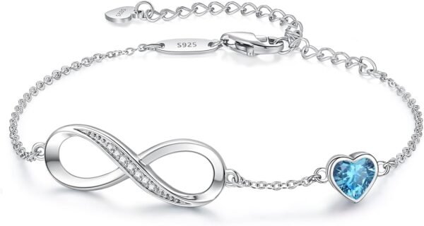 Infinity Heart Birthstone Charm Link Bracelet for Women 925 Sterling Silver Adjustable Mother's Day Christmas Day Gift Anniversary Birthday Jewelry for Wife Girlfriend Her
