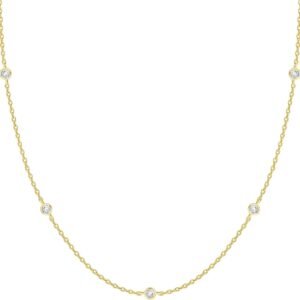 14K Gold Plated Station Necklace - Simulated Diamond Layering Necklaces - Womens CZ Chain
