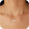 925 Sterling Silver Cross Necklace for Women Dainty CZ Horizontal Cross Pendant Necklaces Birthstone Charm Chain for Mom Sideway Crucifix Cross Faith Choker Necklace Halloween Christmas Jewelry Gifts
