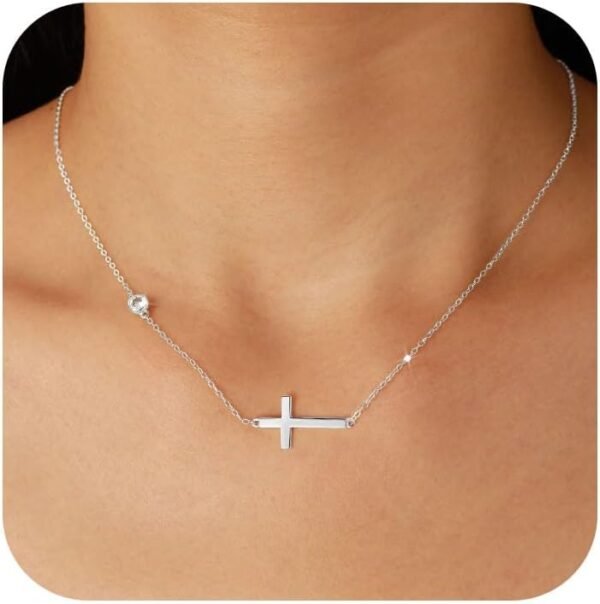 925 Sterling Silver Cross Necklace for Women Dainty CZ Horizontal Cross Pendant Necklaces Birthstone Charm Chain for Mom Sideway Crucifix Cross Faith Choker Necklace Halloween Christmas Jewelry Gifts