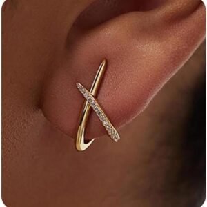 51Mma1e9agL._AC_SL1500 Gold Earrings for Women Trendy,14K Gold Stud Earrings Dainty Earrings Simple Minimalist Cubic Zirconia Diamond Gold Earrings Hypoallergenic Earring for Women Gifts