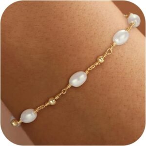 51PAxROldhL._AC_SL1500 Gold Pearl Bracelets for Women Trendy, 14K Real Gold Plated Dainty Stackable Snake Chain CZ Heart Pendant Bracelets, Layered Waterproof Jewelry Gift for Women Adjustable 6"+2"