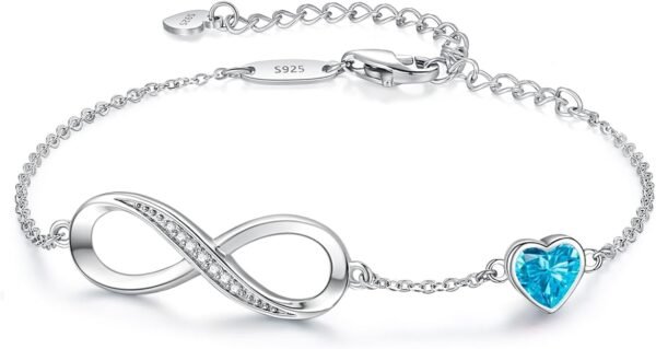 Infinity Heart Birthstone Charm Link Bracelet for Women 925 Sterling Silver Adjustable Mother's Day Christmas Day Gift Anniversary Birthday Jewelry for Wife Girlfriend Her