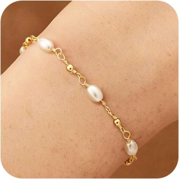 14k Gold Plated Pearl Bracelets for Women,Dainty Bracelets Stack Pearls Beaded Link Chain Charm Bracelets Set Layered Non Tarnish Tiny Jewelry for Women