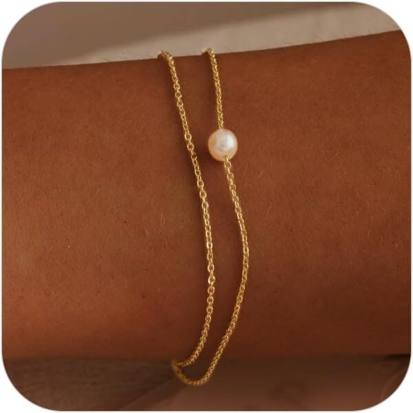 Gold Pearl Bracelets for Women Trendy, 14K Real Gold Plated Dainty Stackable Snake Chain CZ Heart Pendant Bracelets, Layered Waterproof Jewelry Gift for Women Adjustable 6"+2"