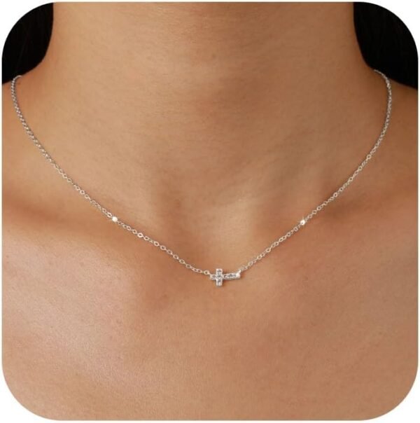 925 Sterling Silver Cross Necklace for Women Dainty CZ Horizontal Cross Pendant Necklaces Birthstone Charm Chain for Mom Sideway Crucifix Cross Faith Choker Necklace Halloween Christmas Jewelry Gifts