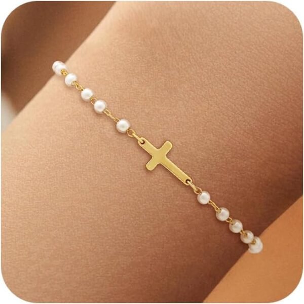 14k Gold Plated Pearl Bracelets for Women,Dainty Bracelets Stack Pearls Beaded Link Chain Charm Bracelets Set Layered Non Tarnish Tiny Jewelry for Women