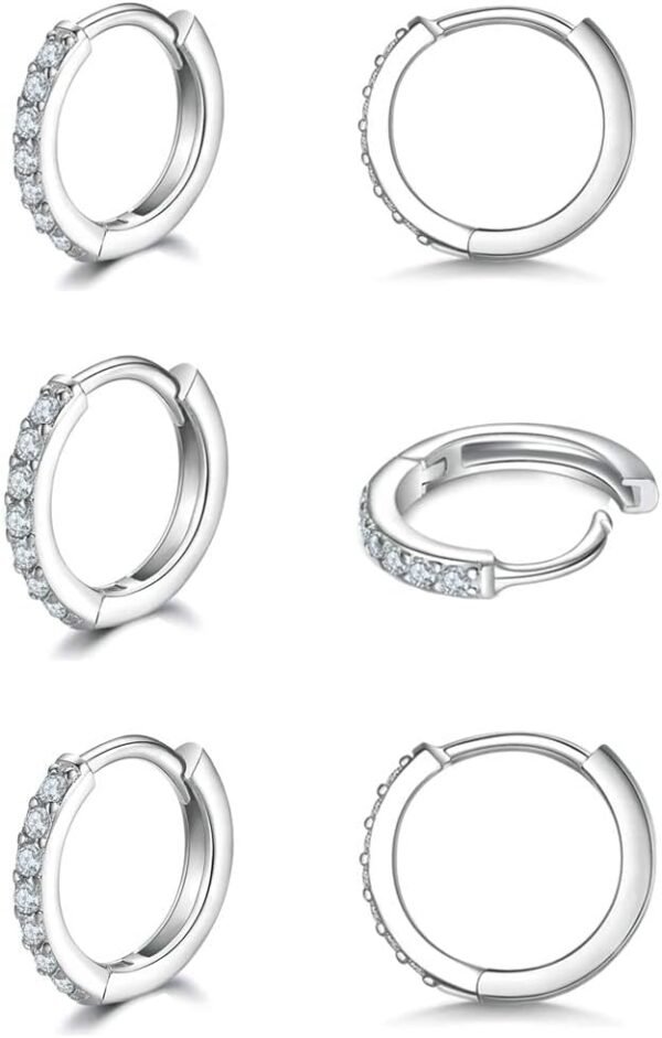 925 Sterling Silver Small Hoop Earrings Cubic Zirconia Huggie Hoop Earrings, 3 Pairs 14K White Gold Plated Cartilage Piercing Earrings Ear Cuff Tiny Hoop Earrings for Women Men