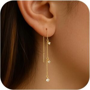 51ympBpkSeL._AC_SL1500 Gold Earrings for Women, Dainty 14K Gold Plated Dangle Earrings for Women Trendy Long Dangle Drop Chain Earring for Sensitive Ears Cute Hypoallergenic Threader Earring Non Tarnish Jewelry Gifts