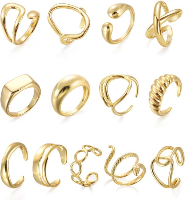 10PCS Gold Dome Chunky Rings for Women 18K Gold Plated Braided Twisted Round Signet Rings Adjustable Open Ring Band Statement Jewelry Size 7-9
