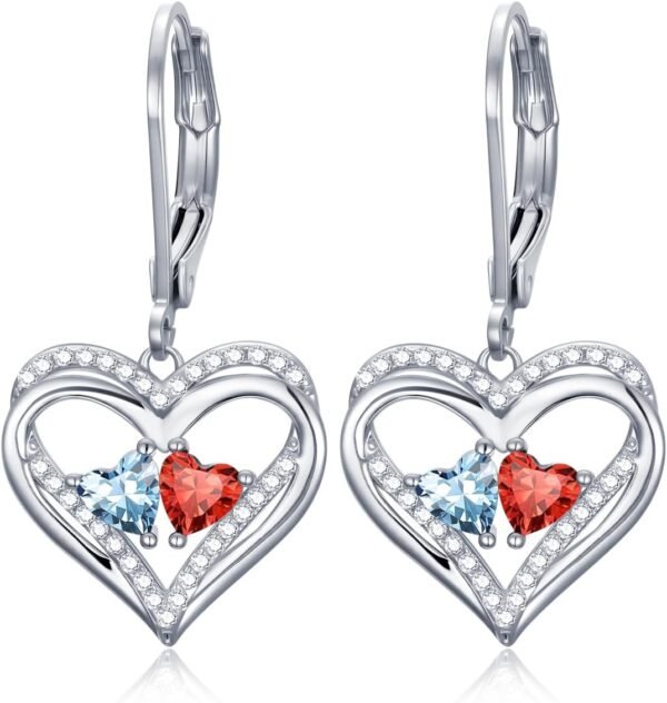 Heart Leverback Earrings Double Birthstone Dangle Earrings for Women, Love Jewelry for Her, Christmas Gifts for Women, Anniversary Birthday Gift for Mom Wife Girlfriend