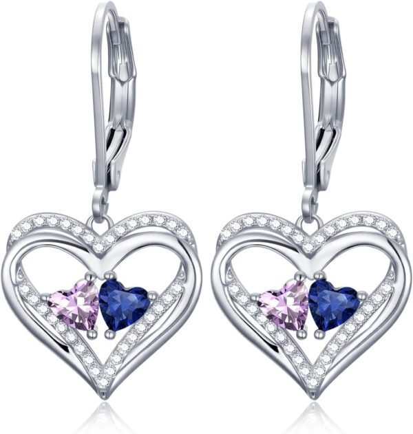 Heart Leverback Earrings Double Birthstone Dangle Earrings for Women, Love Jewelry for Her, Christmas Gifts for Women, Anniversary Birthday Gift for Mom Wife Girlfriend