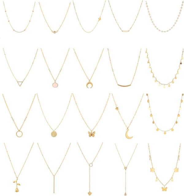 20PCS 14K Gold Plated Choker Necklaces for Women, Dainty Gold Diamond Coin Pearl Pendant Simple Chain Necklace Set Cute Gold Layered Necklaces for Women Teen Jewelry Gifts