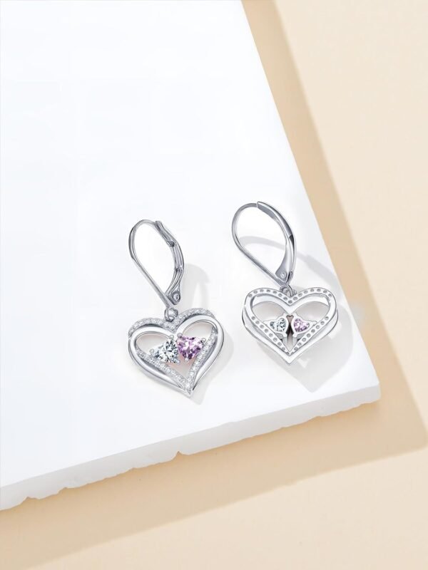 Heart Leverback Earrings Double Birthstone Dangle Earrings for Women, Love Jewelry for Her, Christmas Gifts for Women, Anniversary Birthday Gift for Mom Wife Girlfriend