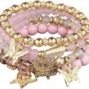4 Pcs Cute Butterfly Charm Bracelets Set Gold Beaded Stackable Stretch Bracelets Bohemian Summer Jewelry Gifts for Women