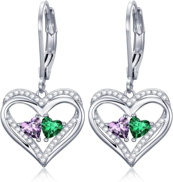 Heart Leverback Earrings Double Birthstone Dangle Earrings for Women, Love Jewelry for Her, Christmas Gifts for Women, Anniversary Birthday Gift for Mom Wife Girlfriend