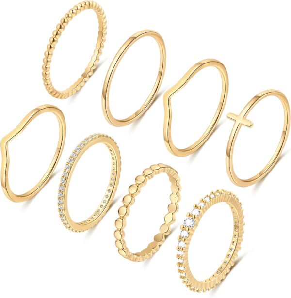 8PCS 14K Gold/Silver Rings Set for Women Non Tarnish Dainty CZ Simulated Diamond Ring Eternity Wedding Band Gold Stackable Thumb Rings Size 4-12