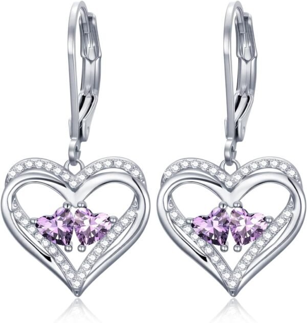 Heart Leverback Earrings Double Birthstone Dangle Earrings for Women, Love Jewelry for Her, Christmas Gifts for Women, Anniversary Birthday Gift for Mom Wife Girlfriend