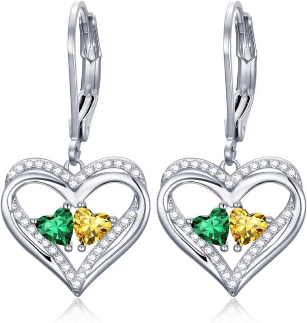 Heart Leverback Earrings Double Birthstone Dangle Earrings for Women, Love Jewelry for Her, Christmas Gifts for Women, Anniversary Birthday Gift for Mom Wife Girlfriend