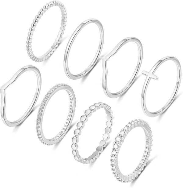 8PCS 14K Gold/Silver Rings Set for Women Non Tarnish Dainty CZ Simulated Diamond Ring Eternity Wedding Band Gold Stackable Thumb Rings Size 4-12