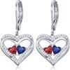 Heart Leverback Earrings Double Birthstone Dangle Earrings for Women, Love Jewelry for Her, Christmas Gifts for Women, Anniversary Birthday Gift for Mom Wife Girlfriend
