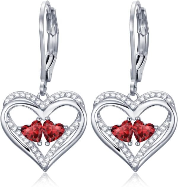 Heart Leverback Earrings Double Birthstone Dangle Earrings for Women, Love Jewelry for Her, Christmas Gifts for Women, Anniversary Birthday Gift for Mom Wife Girlfriend