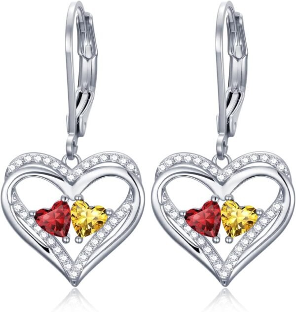 Heart Leverback Earrings Double Birthstone Dangle Earrings for Women, Love Jewelry for Her, Christmas Gifts for Women, Anniversary Birthday Gift for Mom Wife Girlfriend