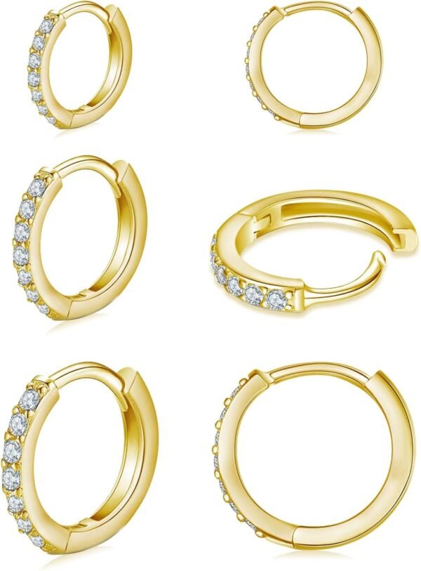 925 Sterling Silver Small Hoop Earrings Cubic Zirconia Huggie Hoop Earrings, 3 Pairs 14K White Gold Plated Cartilage Piercing Earrings Ear Cuff Tiny Hoop Earrings for Women Men