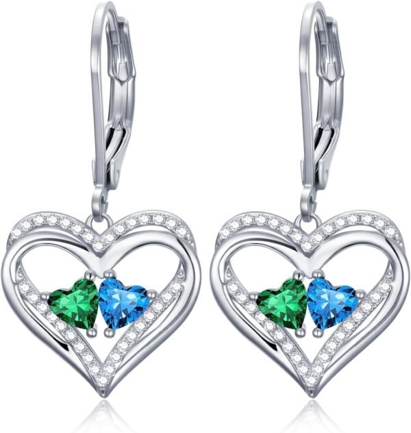 Heart Leverback Earrings Double Birthstone Dangle Earrings for Women, Love Jewelry for Her, Christmas Gifts for Women, Anniversary Birthday Gift for Mom Wife Girlfriend