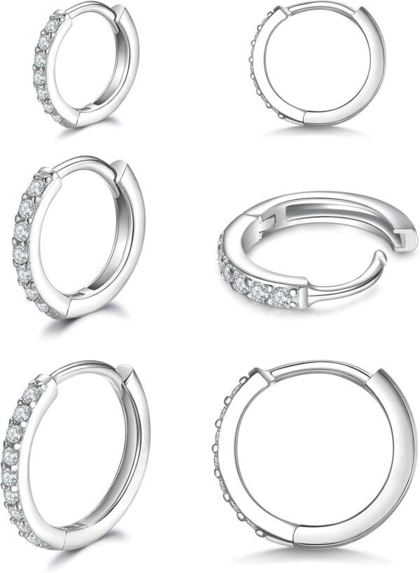 925 Sterling Silver Small Hoop Earrings Cubic Zirconia Huggie Hoop Earrings, 3 Pairs 14K White Gold Plated Cartilage Piercing Earrings Ear Cuff Tiny Hoop Earrings for Women Men
