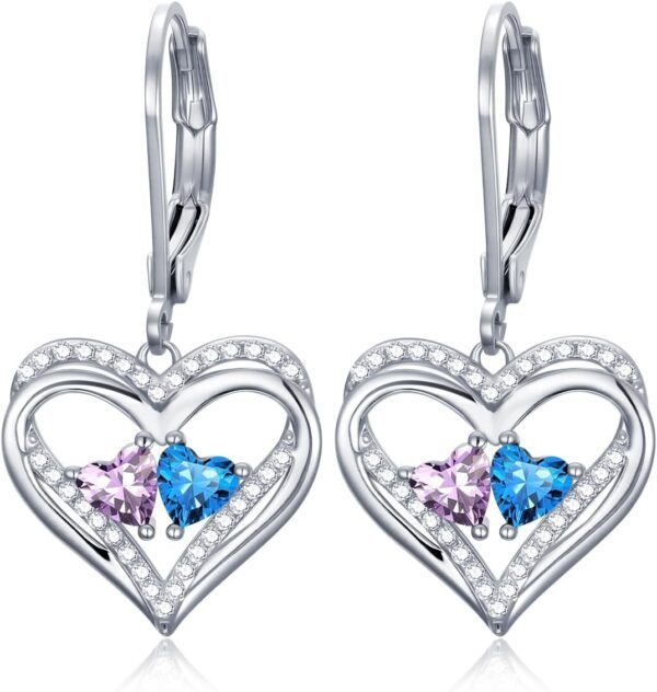 Heart Leverback Earrings Double Birthstone Dangle Earrings for Women, Love Jewelry for Her, Christmas Gifts for Women, Anniversary Birthday Gift for Mom Wife Girlfriend