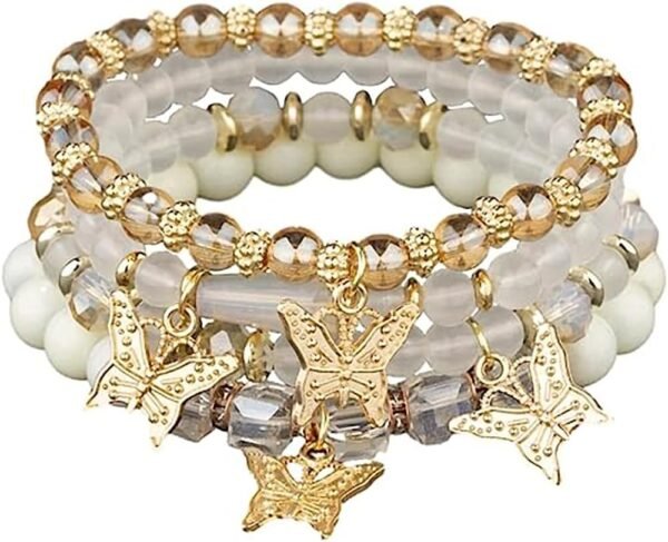 4 Pcs Cute Butterfly Charm Bracelets Set Gold Beaded Stackable Stretch Bracelets Bohemian Summer Jewelry Gifts for Women