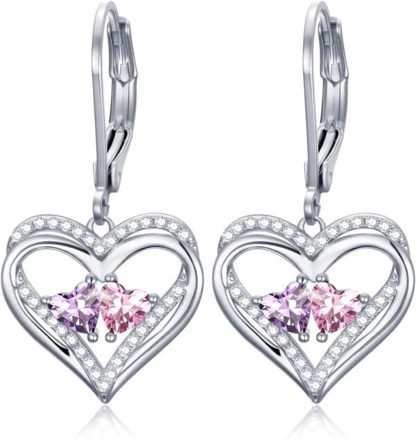 Heart Leverback Earrings Double Birthstone Dangle Earrings for Women, Love Jewelry for Her, Christmas Gifts for Women, Anniversary Birthday Gift for Mom Wife Girlfriend