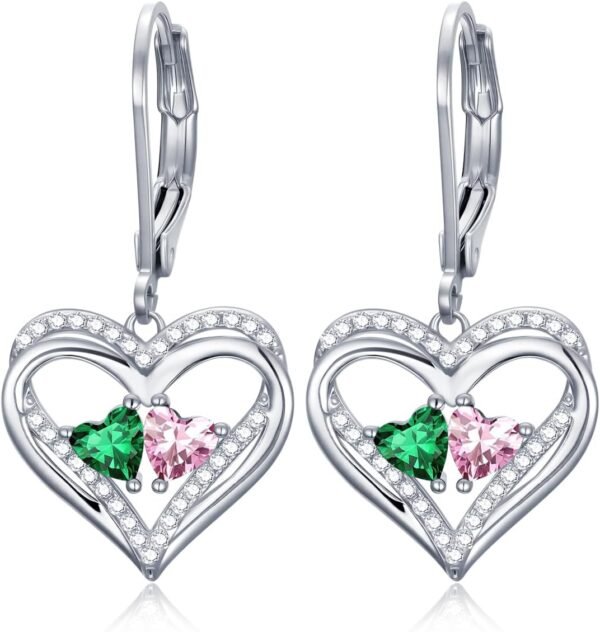Heart Leverback Earrings Double Birthstone Dangle Earrings for Women, Love Jewelry for Her, Christmas Gifts for Women, Anniversary Birthday Gift for Mom Wife Girlfriend