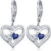 Heart Leverback Earrings Double Birthstone Dangle Earrings for Women, Love Jewelry for Her, Christmas Gifts for Women, Anniversary Birthday Gift for Mom Wife Girlfriend