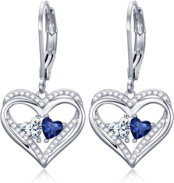 Heart Leverback Earrings Double Birthstone Dangle Earrings for Women, Love Jewelry for Her, Christmas Gifts for Women, Anniversary Birthday Gift for Mom Wife Girlfriend