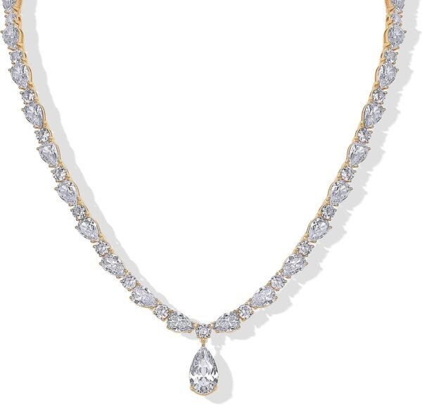 14K Gold Plated Pear Tennis Necklaces for Women - Cubic Zirconia Tennis Necklace with Drop for Brides & Bridesmaids - Cute Simulated Diamond Chain Trendy Wedding Jewelry