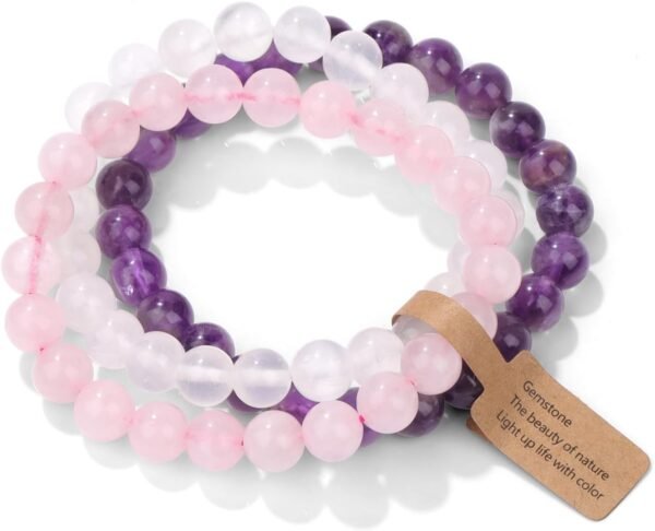 3 PCS Healing Crystal Bracelets for Women 8mm Natural Stone Beaded Stretch Bracelet Amethyst Jewelry Gifts