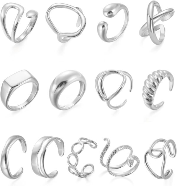 10PCS Gold Dome Chunky Rings for Women 18K Gold Plated Braided Twisted Round Signet Rings Adjustable Open Ring Band Statement Jewelry Size 7-9