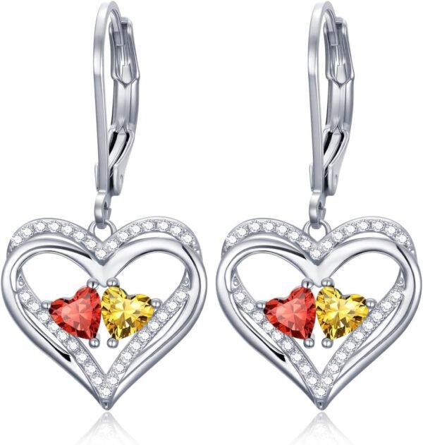 Heart Leverback Earrings Double Birthstone Dangle Earrings for Women, Love Jewelry for Her, Christmas Gifts for Women, Anniversary Birthday Gift for Mom Wife Girlfriend