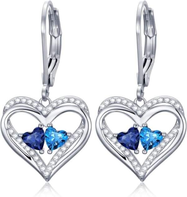 Heart Leverback Earrings Double Birthstone Dangle Earrings for Women, Love Jewelry for Her, Christmas Gifts for Women, Anniversary Birthday Gift for Mom Wife Girlfriend