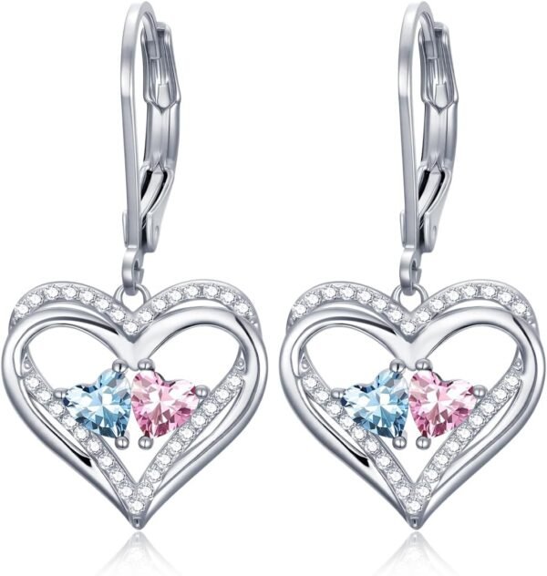 Heart Leverback Earrings Double Birthstone Dangle Earrings for Women, Love Jewelry for Her, Christmas Gifts for Women, Anniversary Birthday Gift for Mom Wife Girlfriend