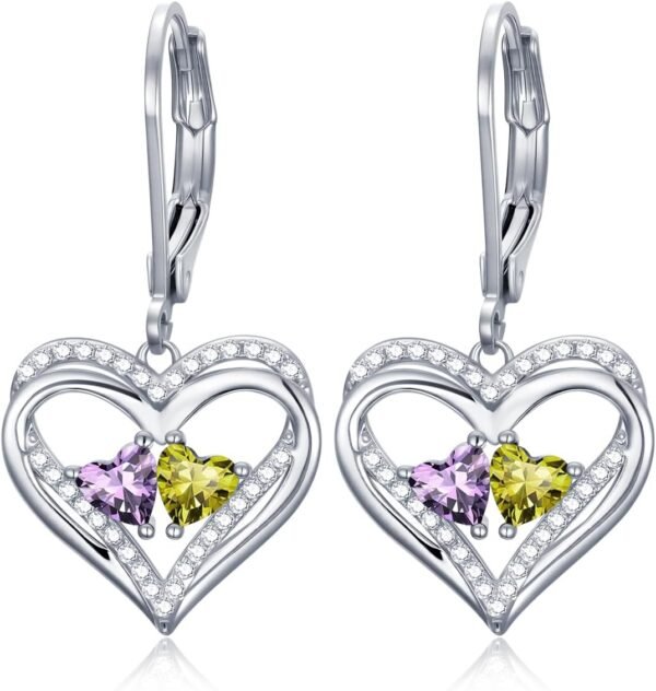 Heart Leverback Earrings Double Birthstone Dangle Earrings for Women, Love Jewelry for Her, Christmas Gifts for Women, Anniversary Birthday Gift for Mom Wife Girlfriend