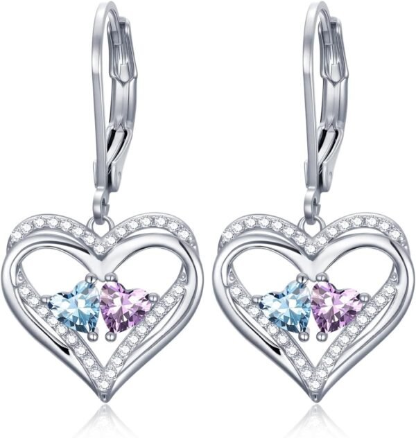 Heart Leverback Earrings Double Birthstone Dangle Earrings for Women, Love Jewelry for Her, Christmas Gifts for Women, Anniversary Birthday Gift for Mom Wife Girlfriend