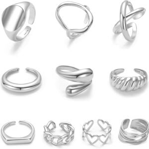 61i5kaCZAnL._AC_SL1500 10PCS Gold Dome Chunky Rings for Women 18K Gold Plated Braided Twisted Round Signet Rings Adjustable Open Ring Band Statement Jewelry Size 7-9